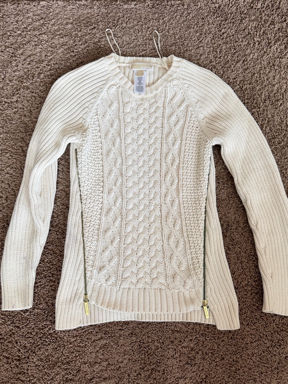 Michael Kors Cream Cable-Knit Crewneck Sweater with Side Zips